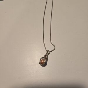 Silver Teardrop Pendant Necklace with Peach Pearl Accent